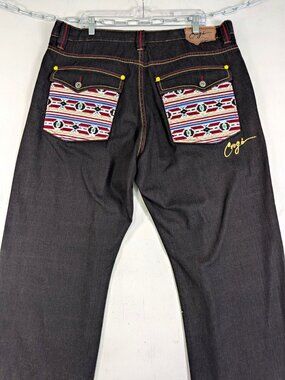 Y2K Vintage Coogi Baggy Jeans Mens 40x34 Dark Wash Aztec Pocket Embroidered
